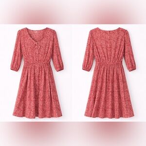 Angie Red Floral Long-Sleeve Smocked-Waist Dress